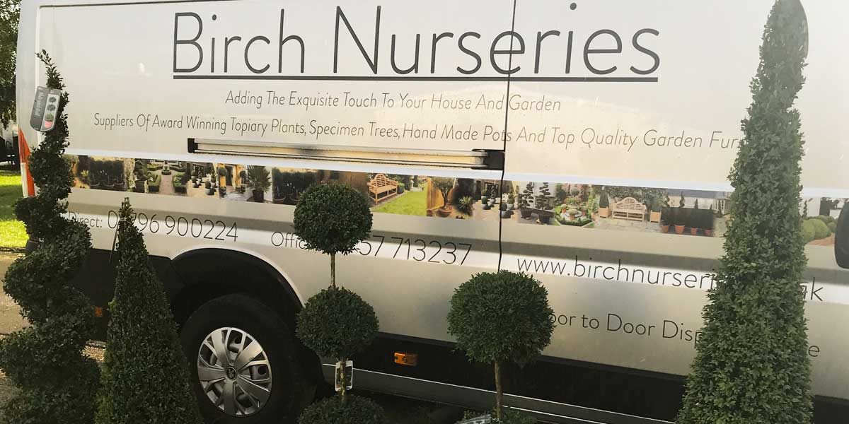 birch nurseries van with topiary trees